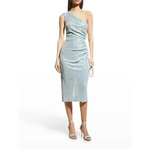EUC Dress The Population Martine One-Shoulder Ruched Sequin Dress Ice Blue Sz M